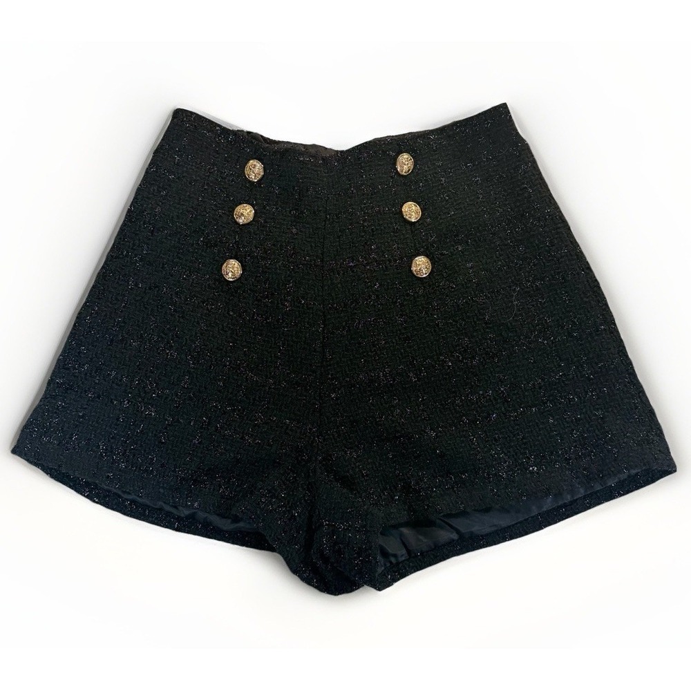NWT Black Sailor 8/10 Shorts Gold Buttons Tweed Hi Waist Business Festival Goth
